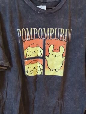 Hot Topic Pompompurin Black Graphic Tee with Yellow and Orange Print